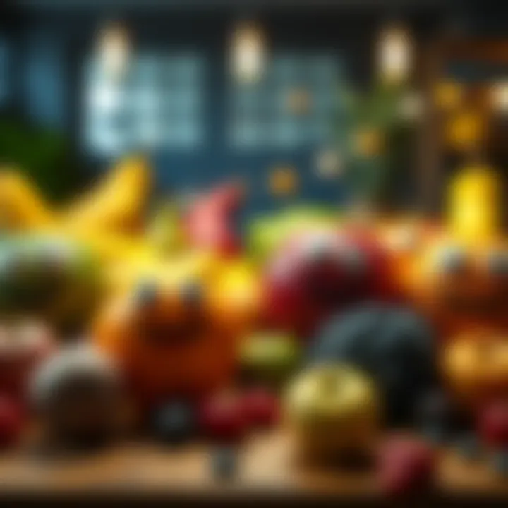 A variety of fruits arranged on a table, each with playful faces made from eyes and mouths, showcasing a fun and creative display.