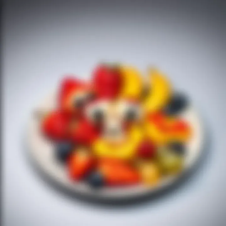 A plate of colorful fruit arranged to form playful faces using strawberries, bananas, and grapes