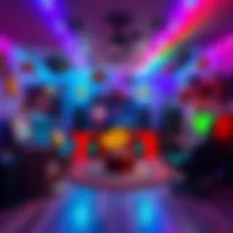 A vibrant game room featuring pixel art decorations and lively colors, showcasing creativity and style.