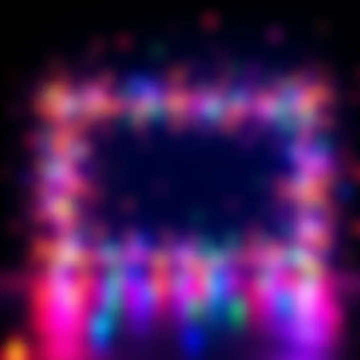 A vibrant display of particle effects resembling Christmas lights surrounding a video frame in After Effects