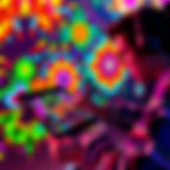 An artist creating vibrant pixel art on a digital tablet, showcasing colorful designs and patterns.