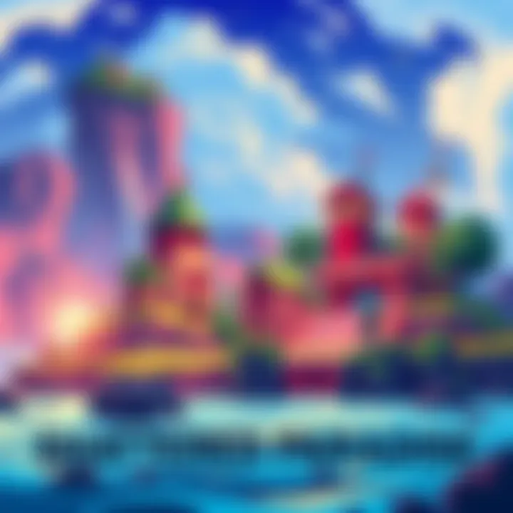 Vibrant pixel art scene showcasing characters and landscapes from the game Shattered Paradise