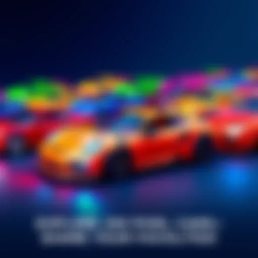 A collection of vibrant pixel art cars in various designs and colors
