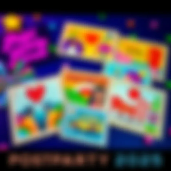 A collection of ten vibrant postcards with unique designs representing personal connections