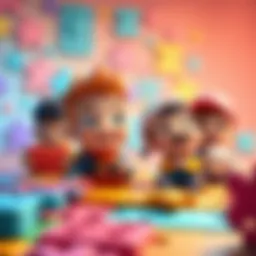 Cheerful cartoon characters engaged in fun puzzle activities with bright backgrounds