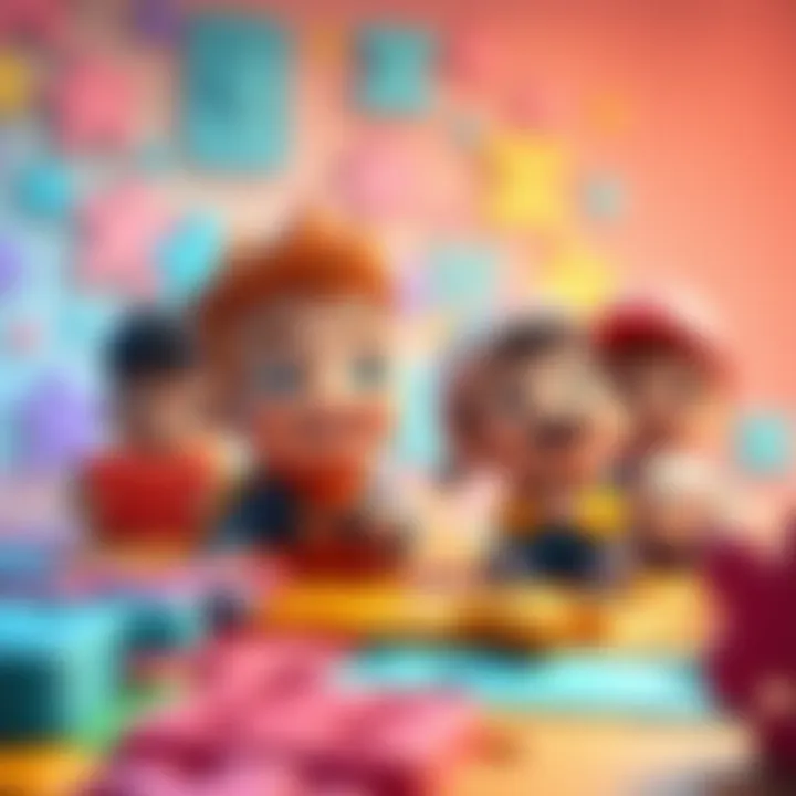 Cheerful cartoon characters engaged in fun puzzle activities with bright backgrounds