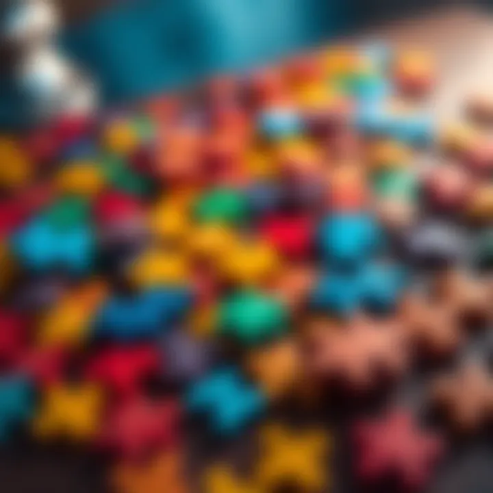 A collection of colorful puzzle pieces scattered on a table, representing creativity and challenges in game design