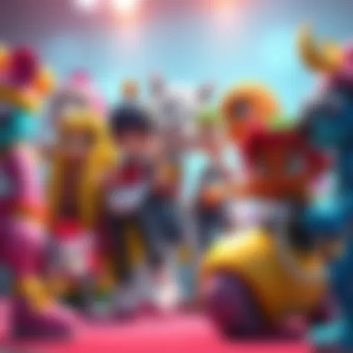 Various unique characters from rhythm games interacting in a vibrant setting