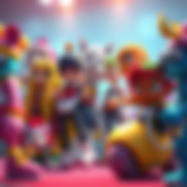 Various unique characters from rhythm games interacting in a vibrant setting