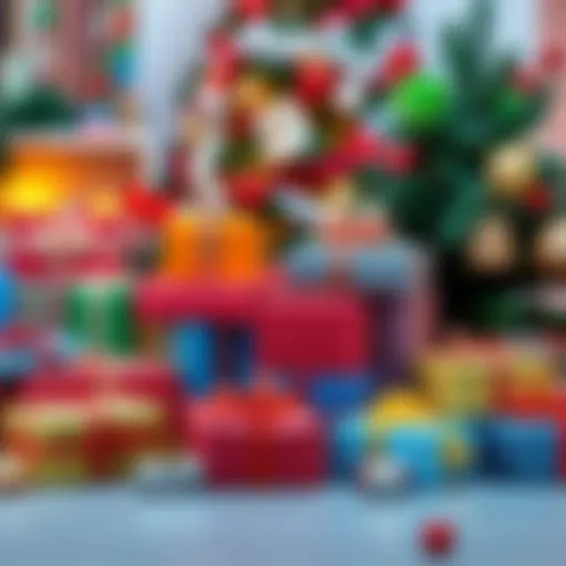 A variety of wrapped gifts in bright, festive paper arranged around a decorated holiday tree.