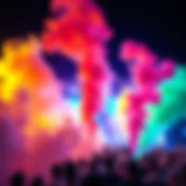 A vibrant smoke show with colorful smoke clouds captivating an audience at a lively event.