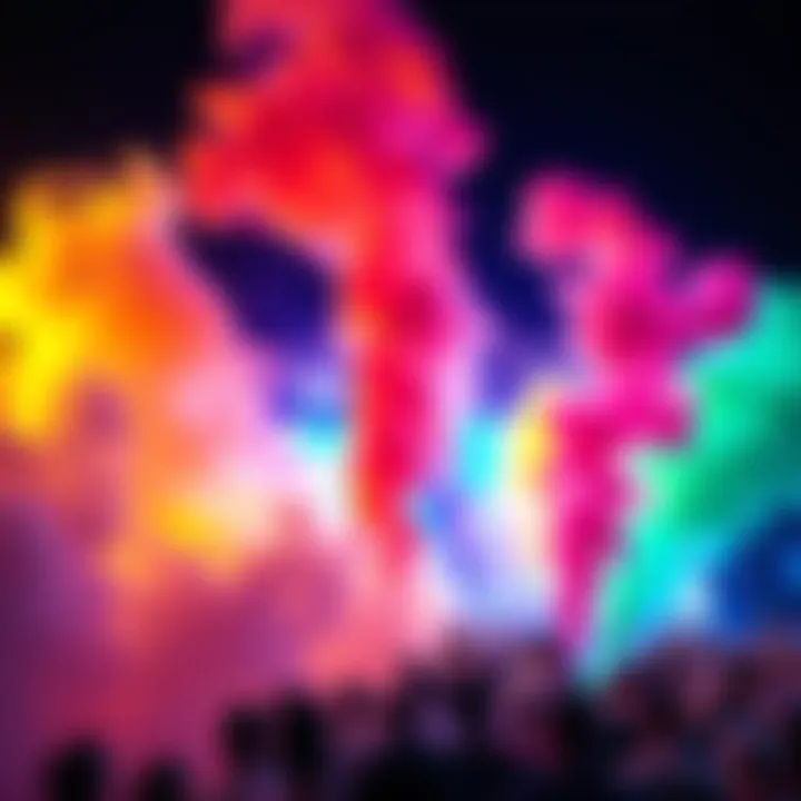 A vibrant smoke show with colorful smoke clouds captivating an audience at a lively event.