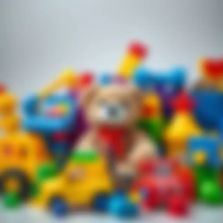 A bright assortment of various toys including a teddy bear, a toy car, and building blocks, showcasing different types and colors.