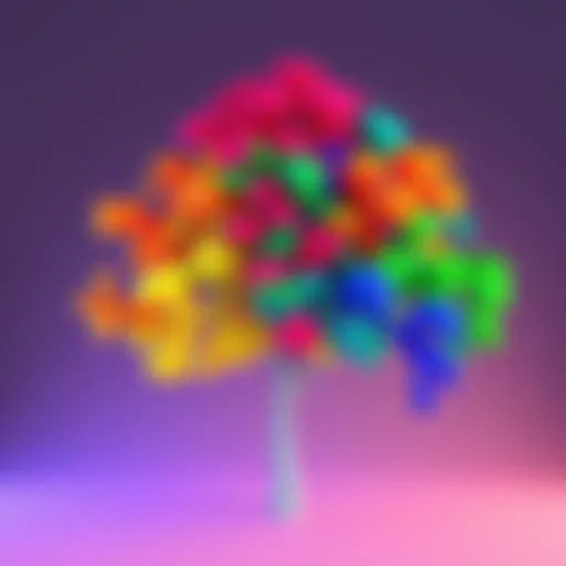A vibrant, stylized tree model created in Blender showing multiple colors and a simple design.