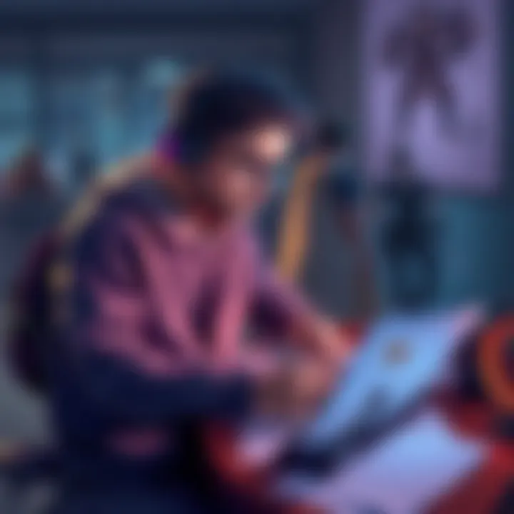 A game developer sketches combat mechanics for an RPG on paper while coding on a laptop, surrounded by character designs and concept art.