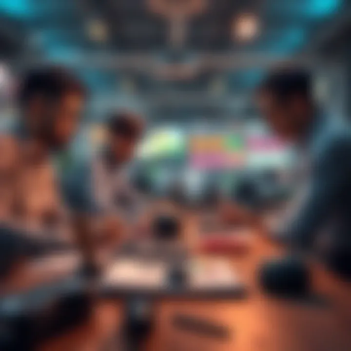 A team of designers collaborating on a combat mockup project, showcasing various innovative design elements on a table.