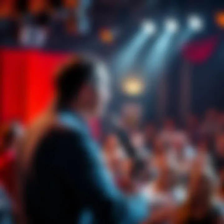 A comedian on stage making an audience laugh with clever jokes and wordplay