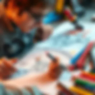 Comic Book Character Creation An artist illustrating a comic book character named Adamantium, with sketch papers and colorful markers scattered around.