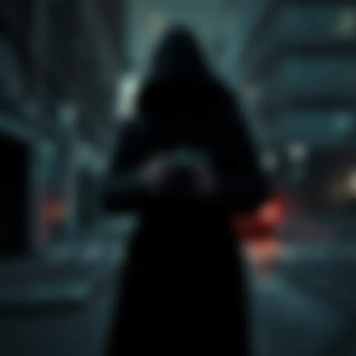 A dramatic black and white photo featuring a shadowy figure in a trench coat holding a vintage camera, set against a moody urban backdrop.