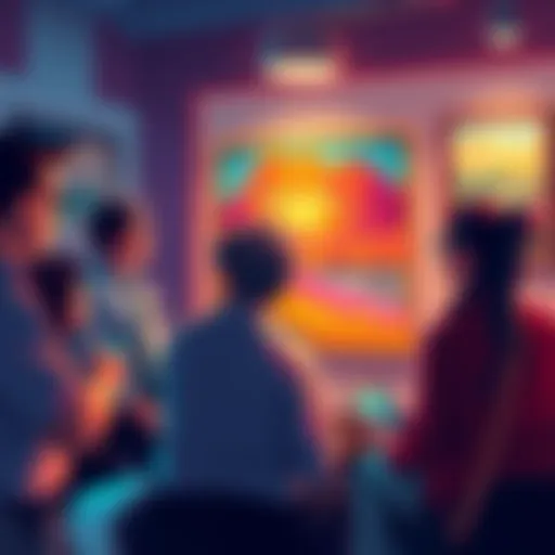 A group of people discussing art commissions without AI influence, showcasing traditional artwork and opinions