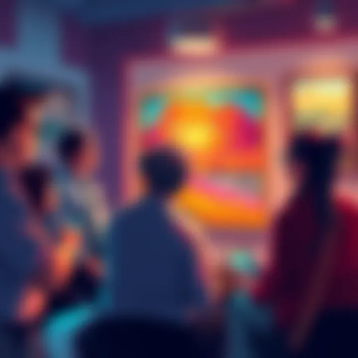 A group of people discussing art commissions without AI influence, showcasing traditional artwork and opinions