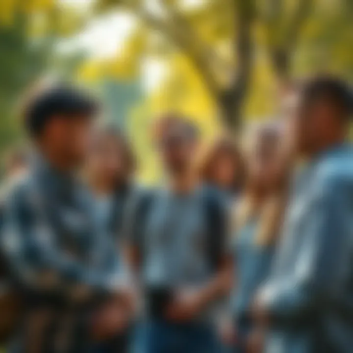 A group of people looking puzzled and discussing their problems together in a park setting