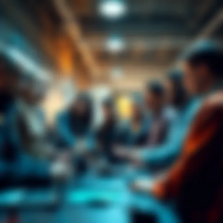 A diverse group of people discussing AI development, with digital tools and a shared workspace in the background.