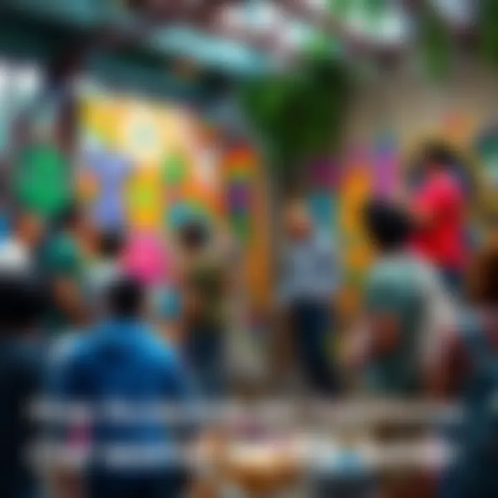 A diverse group of people creating a colorful mural in a public space, showcasing collaboration and creativity.