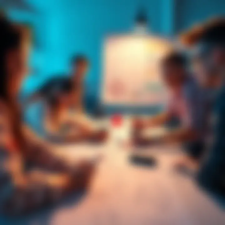 People sharing game ideas with a game developer at a table covered in sketches and notes