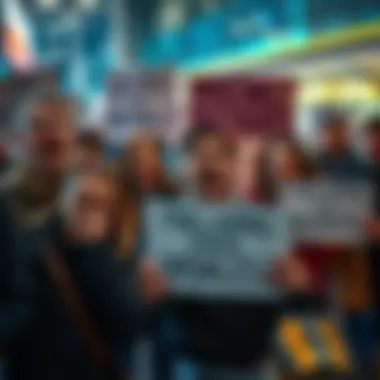 A group of people expressing anger and frustration, holding signs about misleading updates and paywalls, showing their dissatisfaction in a public space.