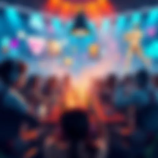 A vibrant online community space with AI artists and gamers collaborating on character designs and artwork.