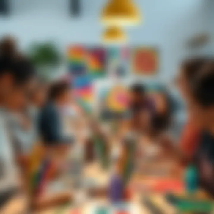 A group of diverse people engaged in creating art together at a community workshop, showcasing various art supplies and colorful artworks around them.
