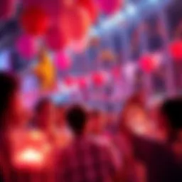 People enjoy a festive atmosphere during a community celebration, with balloons and banners in the background.