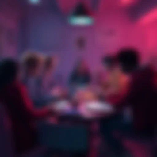 A group of fans discussing ideas for a shadow slave scenario in a cozy environment, with notebooks and laptops around them.