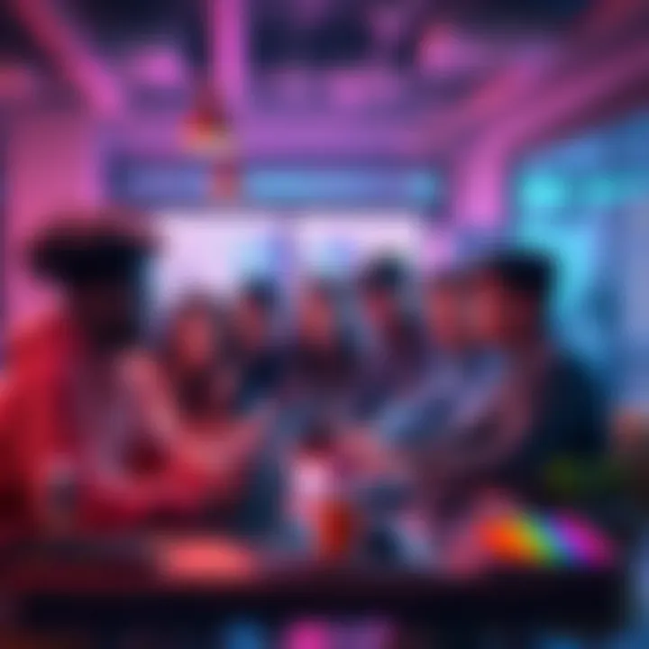 A diverse group of creators and coders collaborating on mobile apps and games in a lively workspace