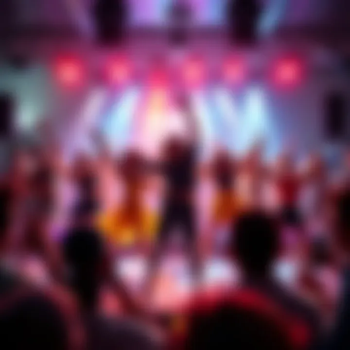 A group of dancers performing joyfully on stage, surrounded by an engaged audience, celebrating unity and talent at a local dance event.