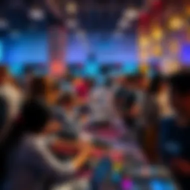 A group of people participating in a technology and arts event, showcasing their projects and interacting with each other.
