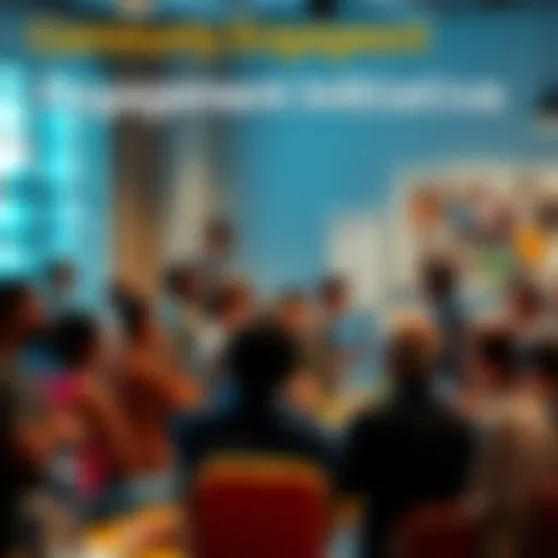 A graphic representing a community gathering with diverse people discussing ideas together, symbolizing connection and engagement.