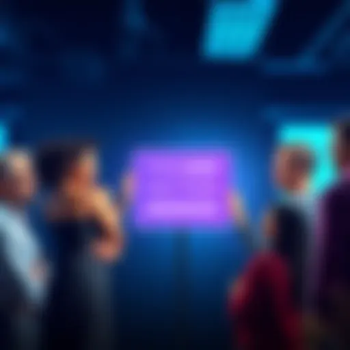 A group of diverse people sharing ideas and suggestions with a digital feedback box in the center