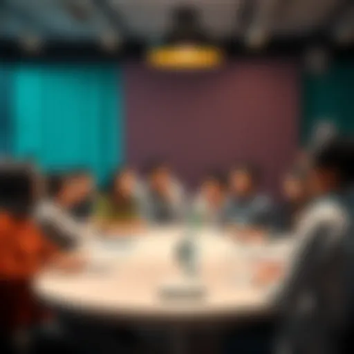 A diverse group of people discussing feedback at a round table