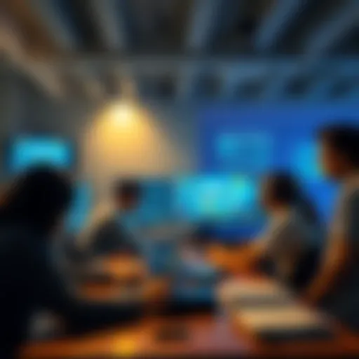 A group of people collaborating on open source game development, working on screens and discussing ideas for World of Claudecraft.