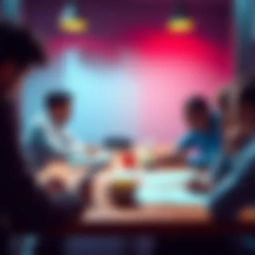 A group of people brainstorming ideas for a small game, with notes and sketches on a table.