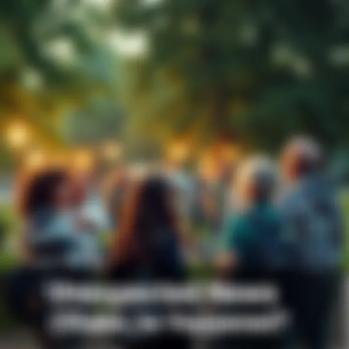 Residents gather in a park discussing recent unexpected news, showing concern and curiosity.