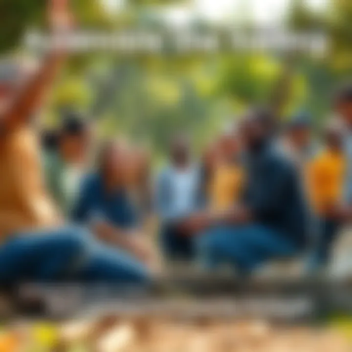 A diverse group of people working together in a park, sharing ideas and tools to strengthen community ties, with smiles and positivity all around.