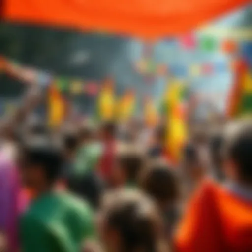 A diverse group of people celebrating together with vibrant banners promoting positive change