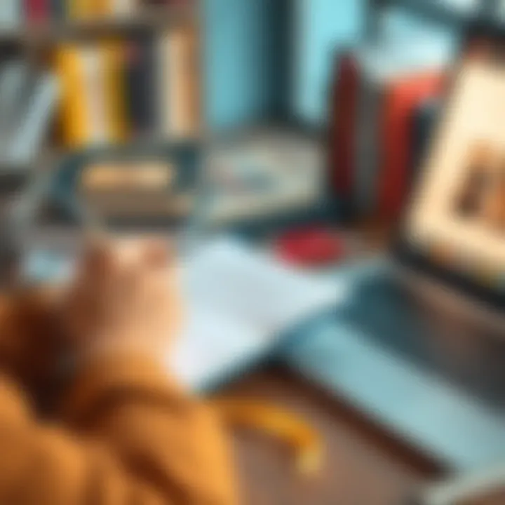 A person writes ideas for book topics on a notepad, surrounded by books and a laptop