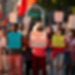 A diverse group of people standing together with signs protesting online harassment and mass reporting campaigns