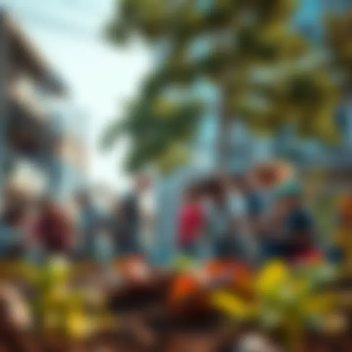 A diverse group of people working together to transform an urban area into a community garden, showcasing teamwork and shared vision.