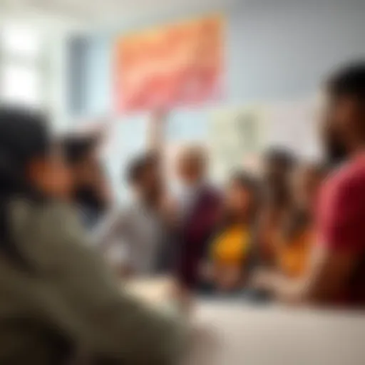 A group of diverse people engaging in a discussion to promote understanding and unity, surrounded by signs of support and collaboration.