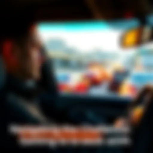 A person sitting in a car, looking frustrated during a busy commute with traffic ahead.